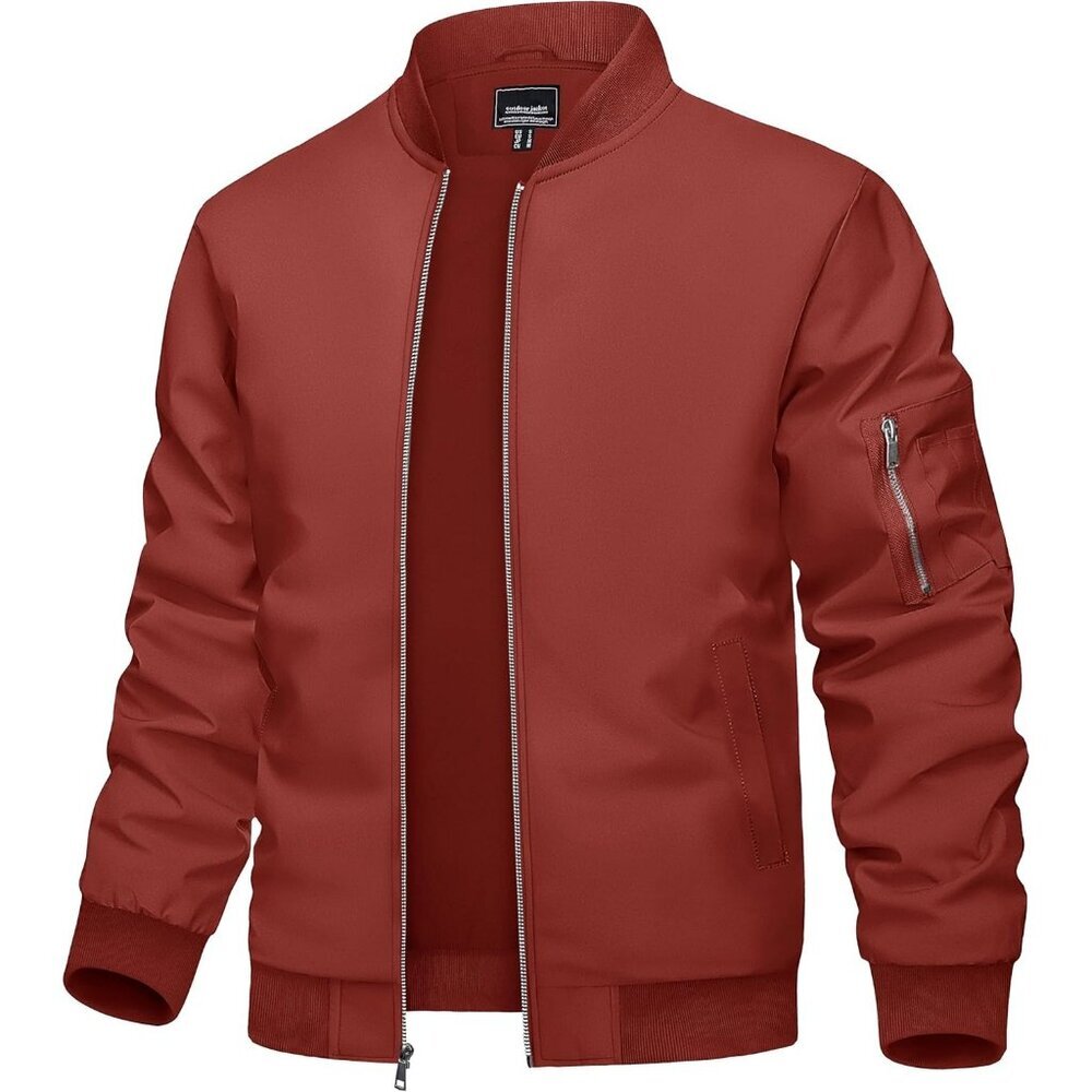 Men's 01 Orange Red Bomber Jacket Coat Lightweight Windbreaker Zip Up Pocket